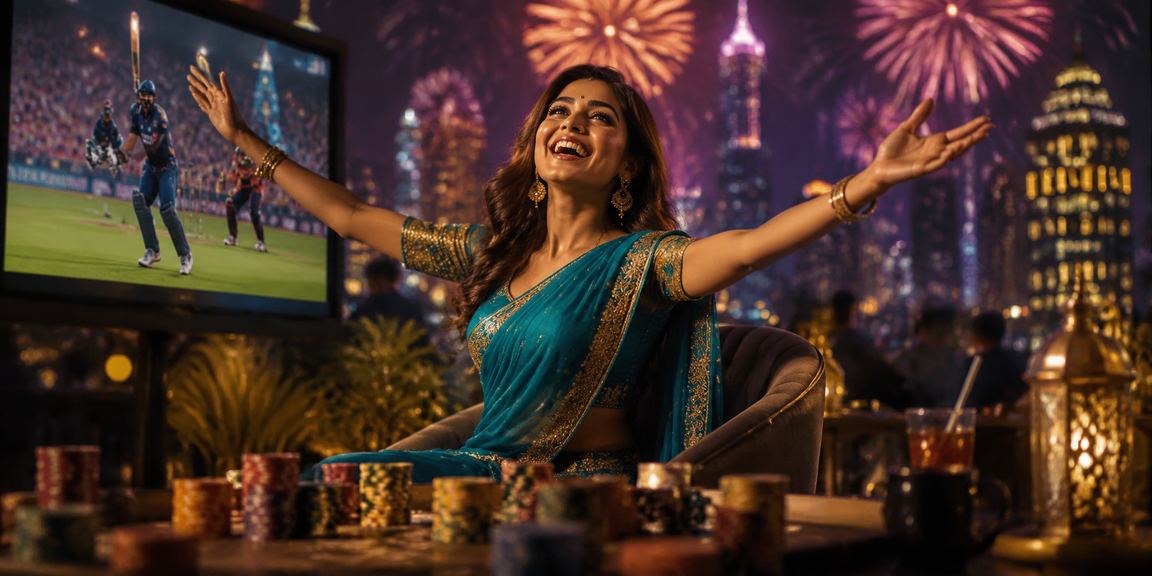 Indian woman in saree enjoying mobile cricket betting